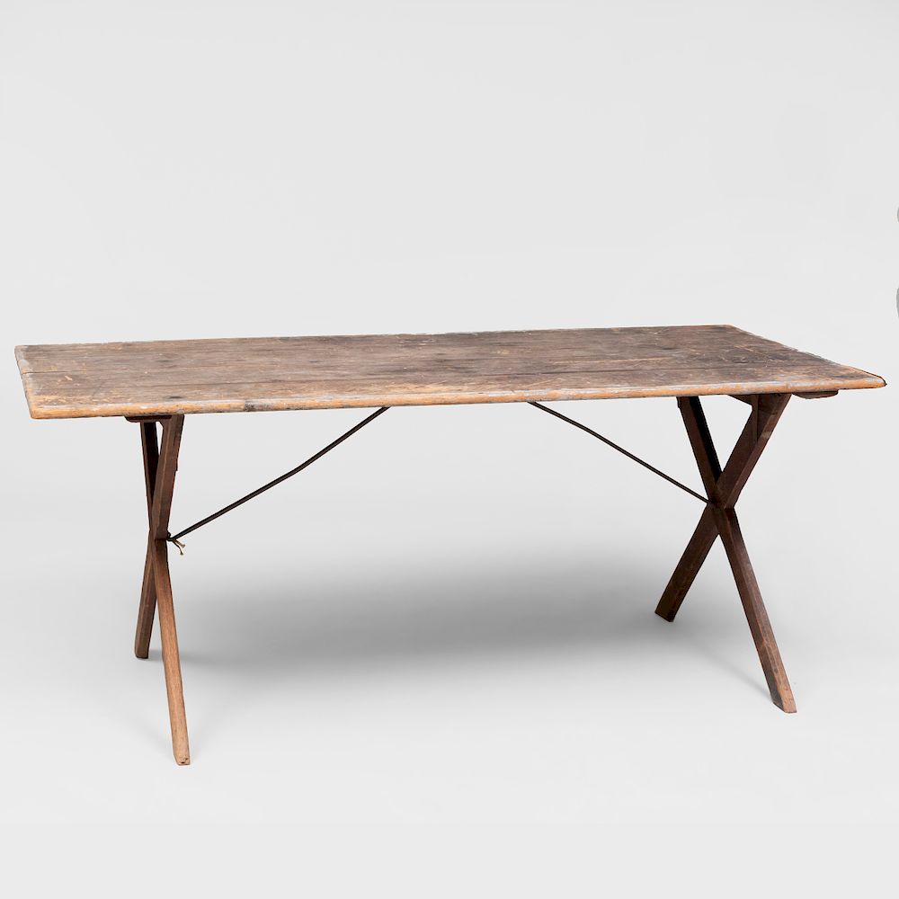 Appraisal: Pine Sawbuck Table with Metal Supports x x in The