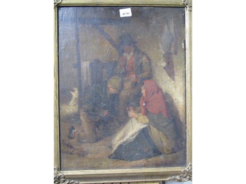 Appraisal: Oil on laid down canvas of figures in an interior