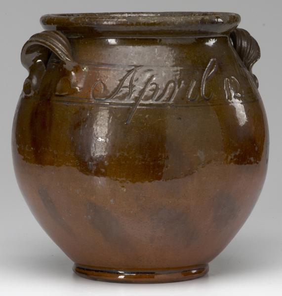 Appraisal: AMERICAN REDWARE Fine early manganese decorated redware jar dated April