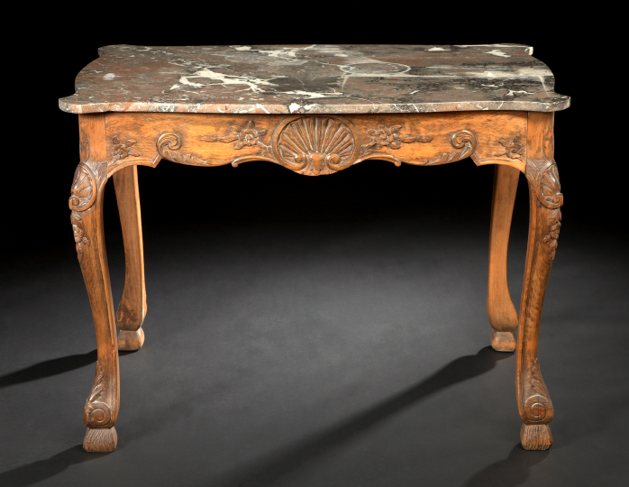 Appraisal: French Provincial Fruitwood and Marble-Top Center Table late th century