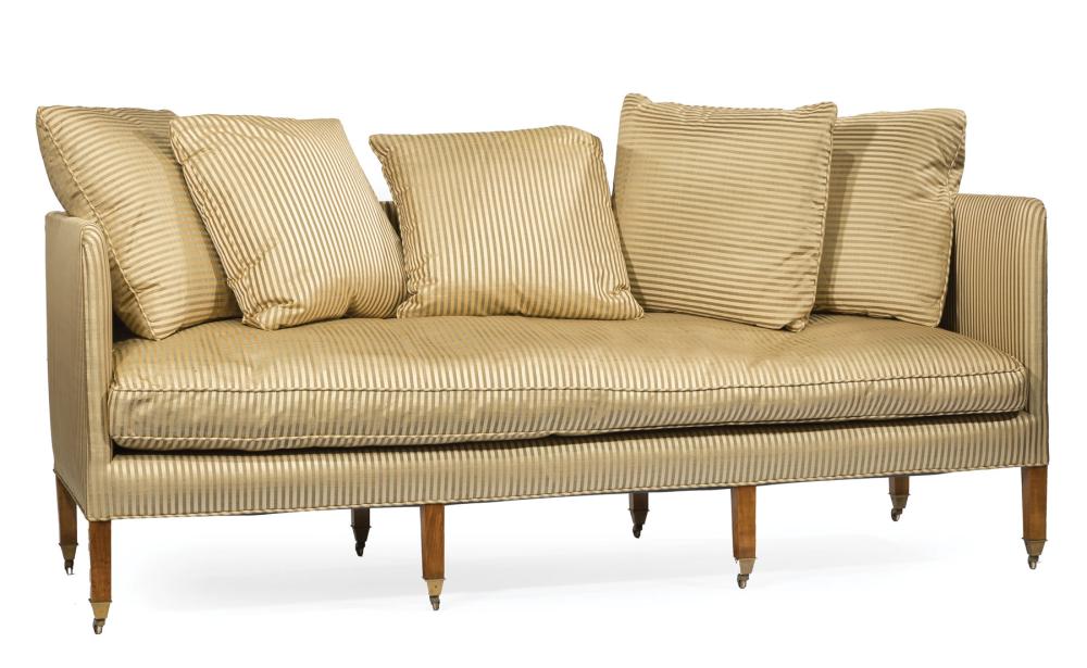 Appraisal: Regency-Style Walnut Sofa loose cushioned back silk upholstery tapered legs