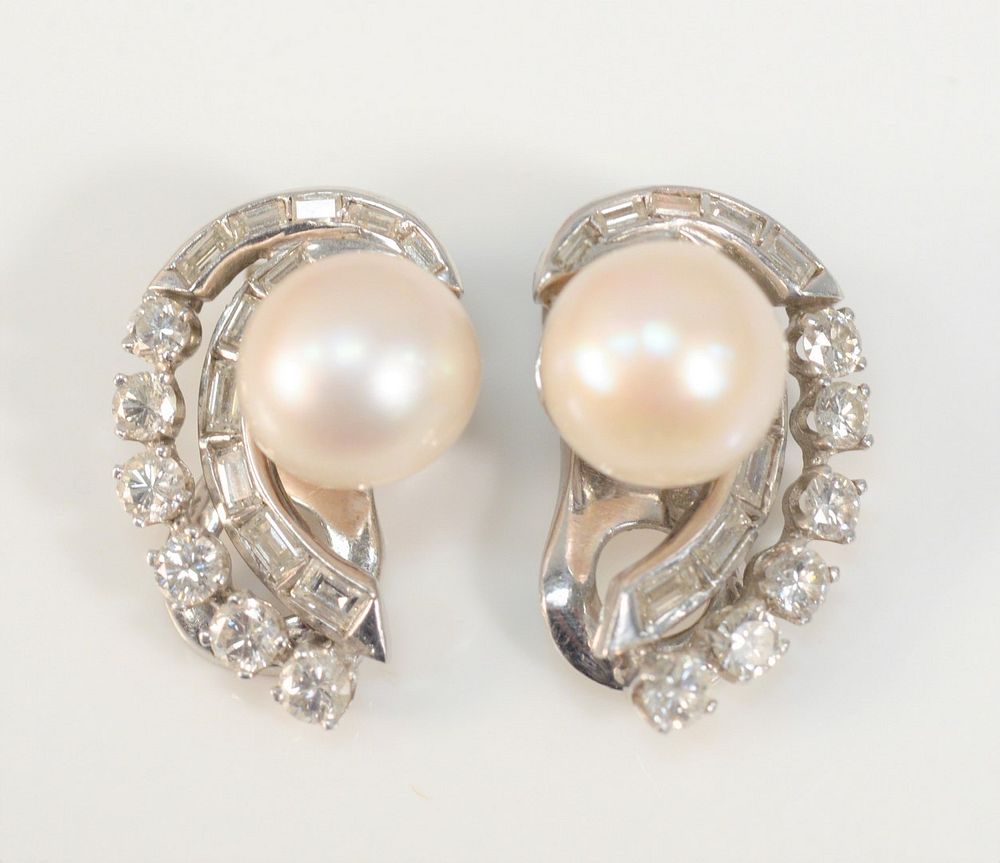 Appraisal: Pair of Platinum Pearl and Diamond Crescent Earrings pearls measure