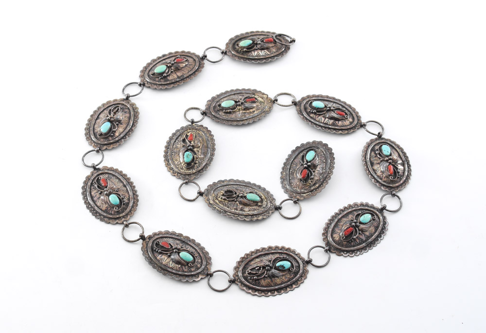 Appraisal: NAVAJO SILVER CONCHO BELT medallions with cabochon inset turquoise and