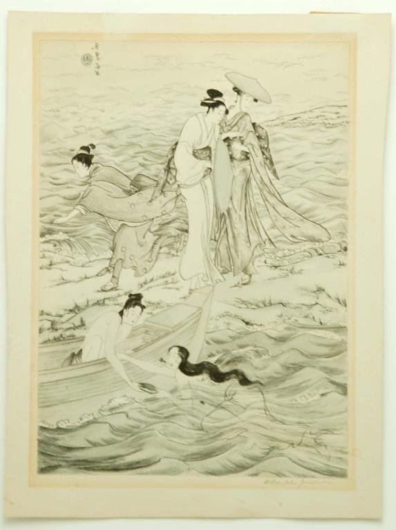 Appraisal: th century interesting shore scene with five Japanese women signed