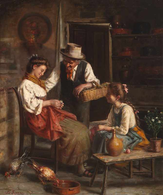 Appraisal: Ezio Ricci - Italian Girls Receiving Flowers from a Grandfather