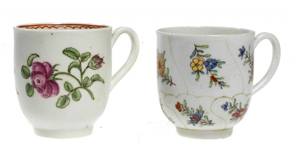 Appraisal: TWO WORCESTER POLYCHROME COFFEE CUPS one enamelled with the Queen's