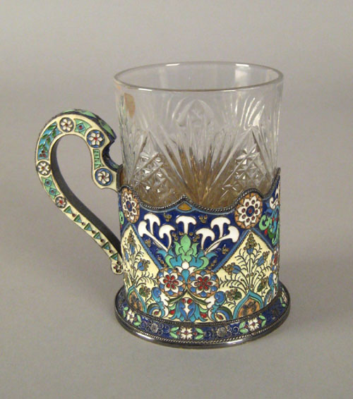 Appraisal: Russian silver enamel tea glass holder ca bearing the maker's