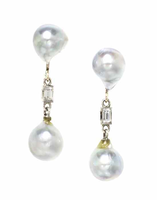 Appraisal: A Pair of White Gold Cultured Pearl and Diamond Drop