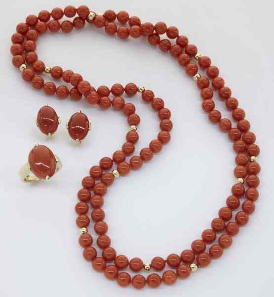 Appraisal: Pcs K gold and red coral ring earrings andbeaded necklace