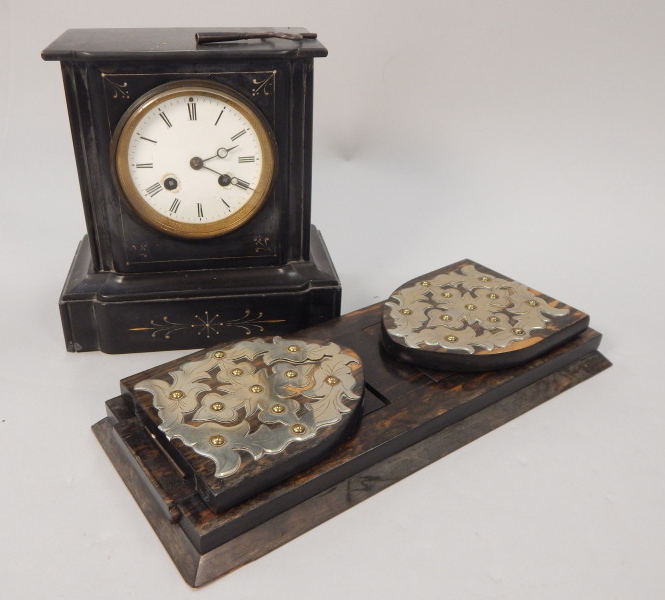 Appraisal: A late thC French black slate mantel clock with white