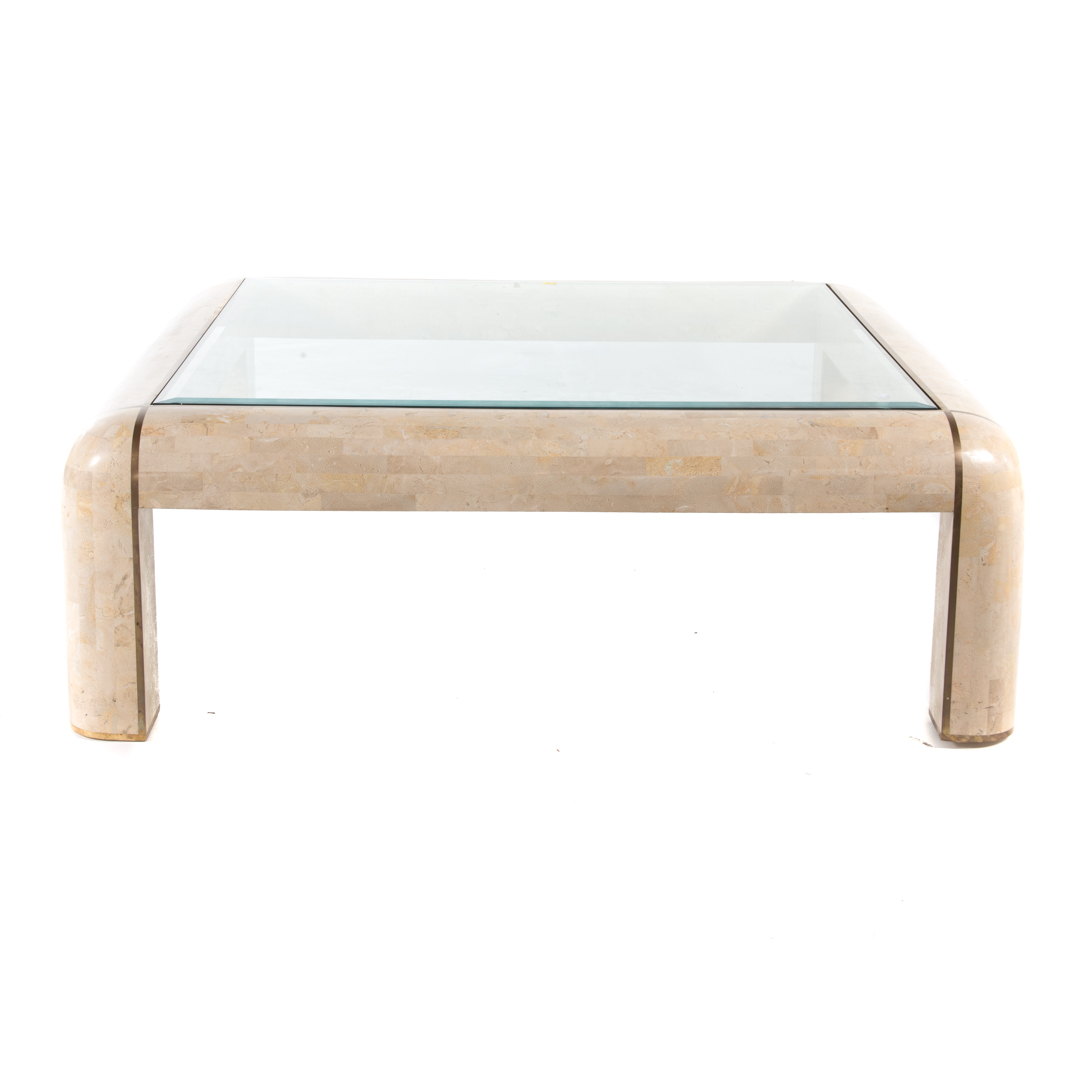 Appraisal: Contemporary marble veneer beveled glass table brass inlaid square cocktail