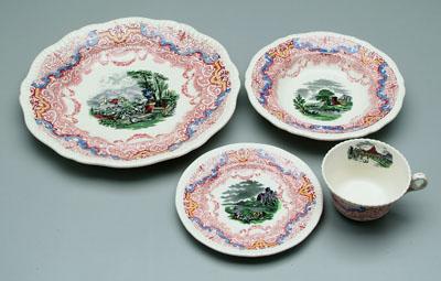 Appraisal: pieces red transferware green yellow and blue highlights twelve -