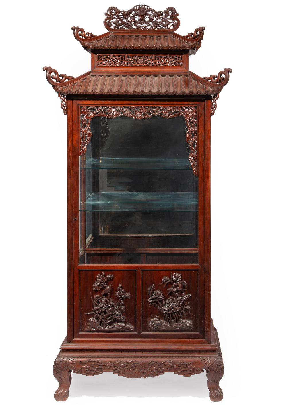 Appraisal: ANTIQUE CHINESE CARVED HARDWOOD VITRINE CABINETAntique Chinese Carved Hardwood Vitrine