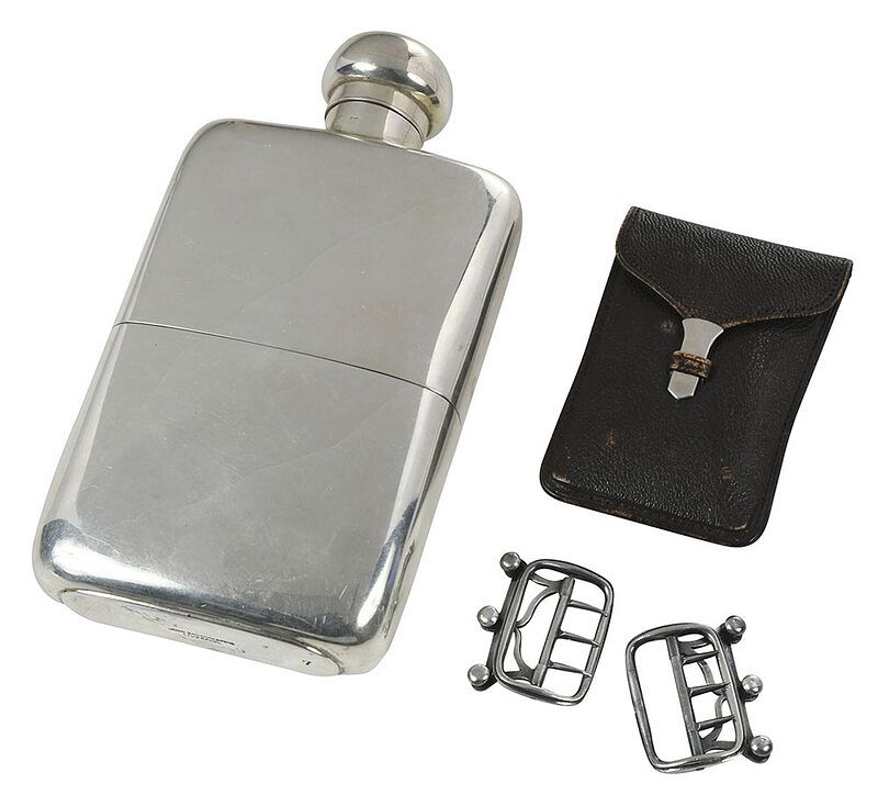 Appraisal: English Silver Flask and Pair Buckles London including flask with