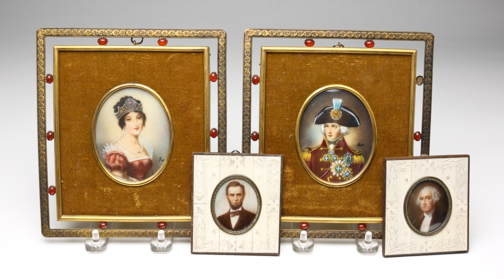 Appraisal: FOUR MINIATURE PORTRAITS INCLUDING LINCOLN Late th-early th century Pair