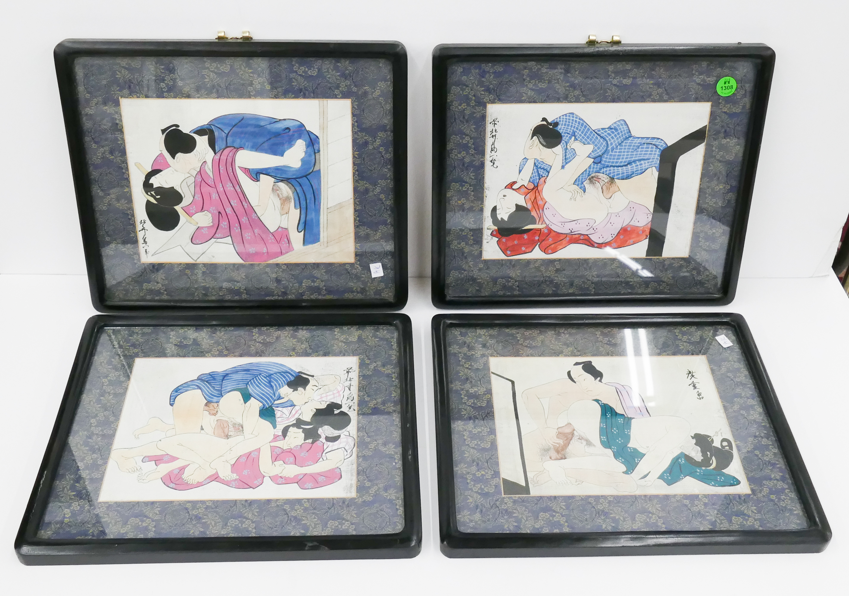 Appraisal: Set pc Japanese Shunga Paintings on Silk Framed- x ''