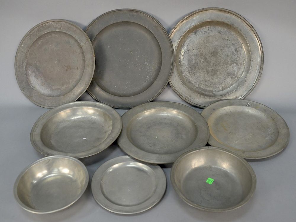 Appraisal: Nine piece pewter lot with chargers two bowls and deep