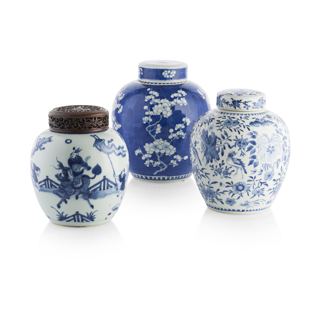 Appraisal: GROUP OF THREE BLUE AND WHITE GINGER JARS QING DYNASTY