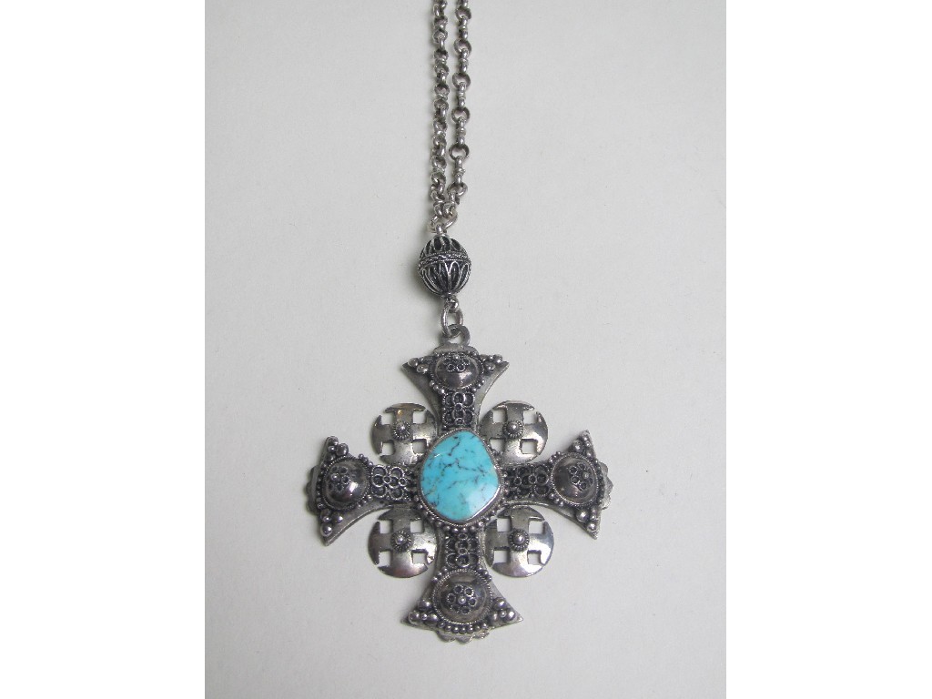 Appraisal: Silver Jerusalem cross pendant set with turquoise