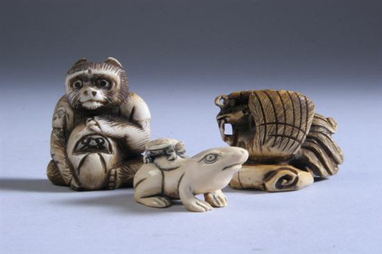 Appraisal: THREE JAPANESE IVORY NETSUKE th century Carved to depict monkey