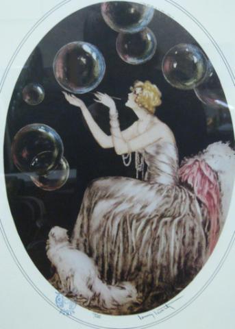 Appraisal: Two Louis Icart signed numbered prints including ''Blowing Bubbles'' depicting