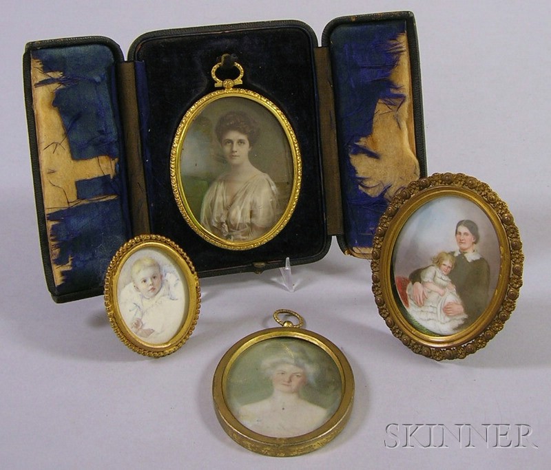 Appraisal: Four Framed Portrait Miniatures three watercolor on ivory oval portraits