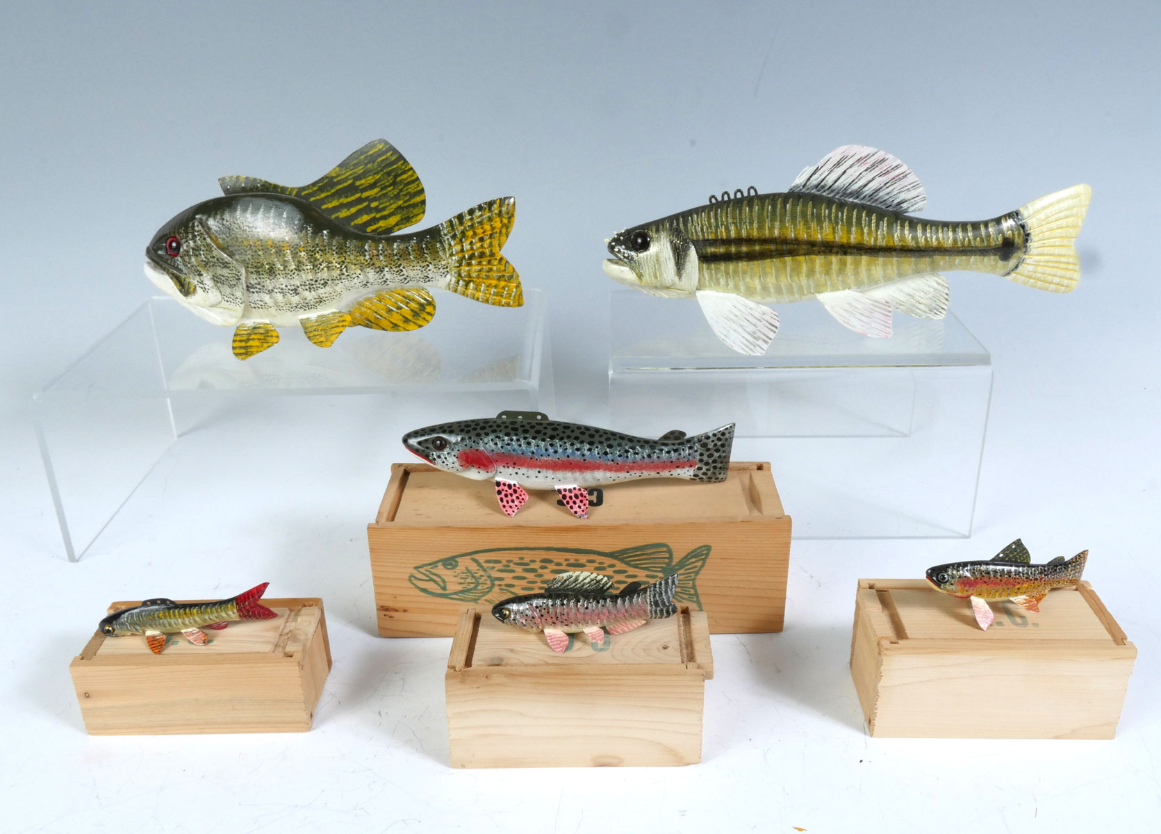 Appraisal: SIX PIECE CARL CHRISTIANSEN FISH DECOY LOT Largemouth Rock Bass