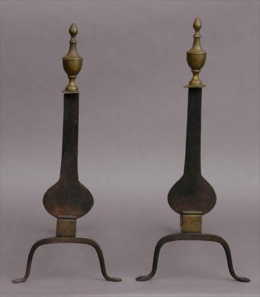 Appraisal: PAIR OF FEDERAL BRASS-MOUNTED WROUGHT-IRON ANDIRONS Each flat vase-form stem