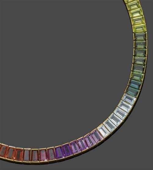 Appraisal: MULTICOLOR GEMSTONE NECKLACE Yellow gold g Casual-elegant necklace in rainbow