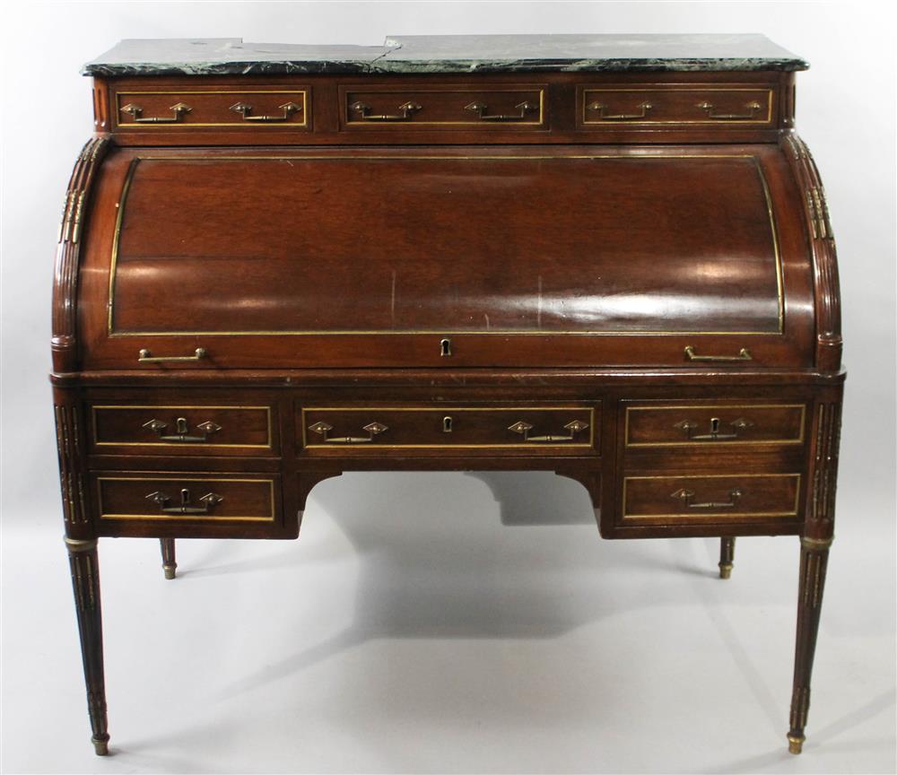 Appraisal: LOUIS XVI STYLE BRASS MOUNTED CYLINDER ROLL TOP DESK having