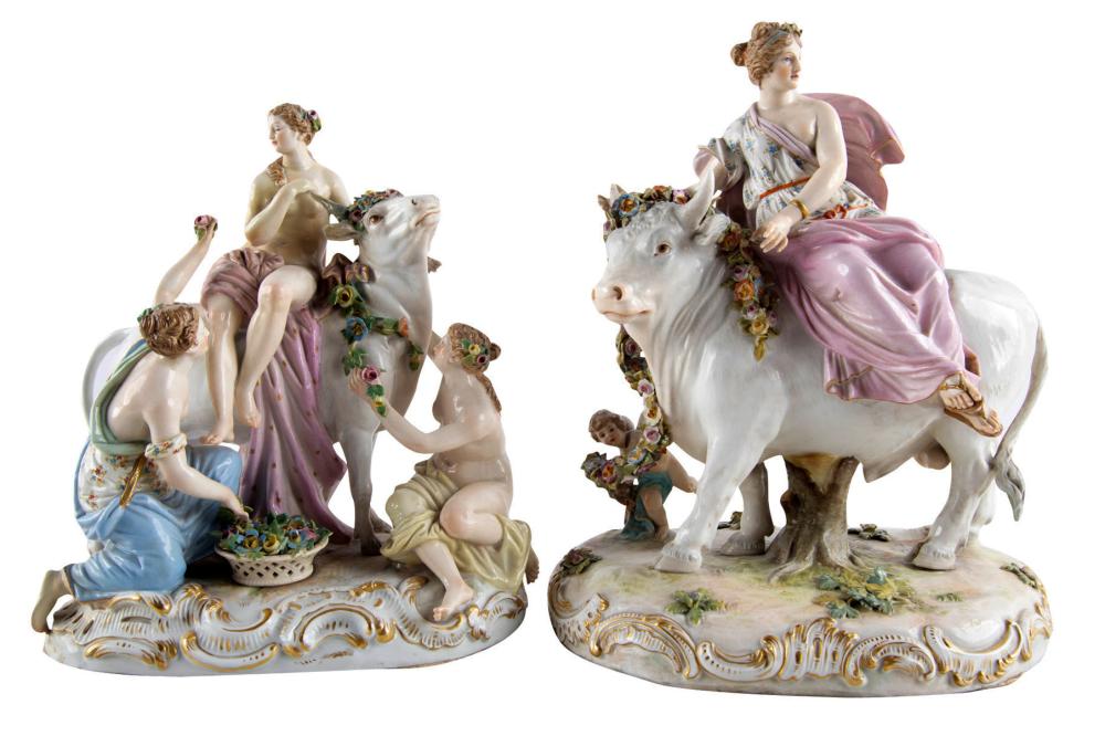 Appraisal: TWO MEISSEN PORCELAIN FIGURAL GROUPSeach with blue crossed swords mark