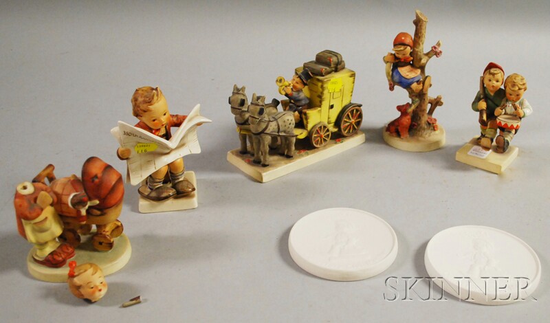 Appraisal: Five Hummel Ceramic Figural Groups and Two Collector's Club Medallions