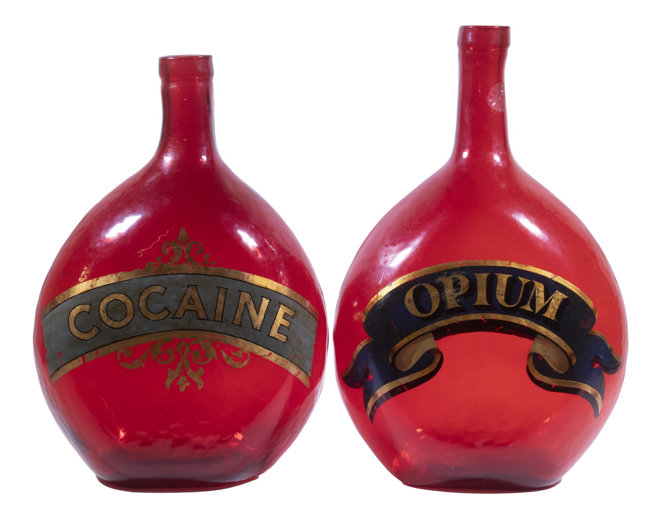 Appraisal: RED APOTHECARY JARS - COCAINE OPIUM Near Pair of Red