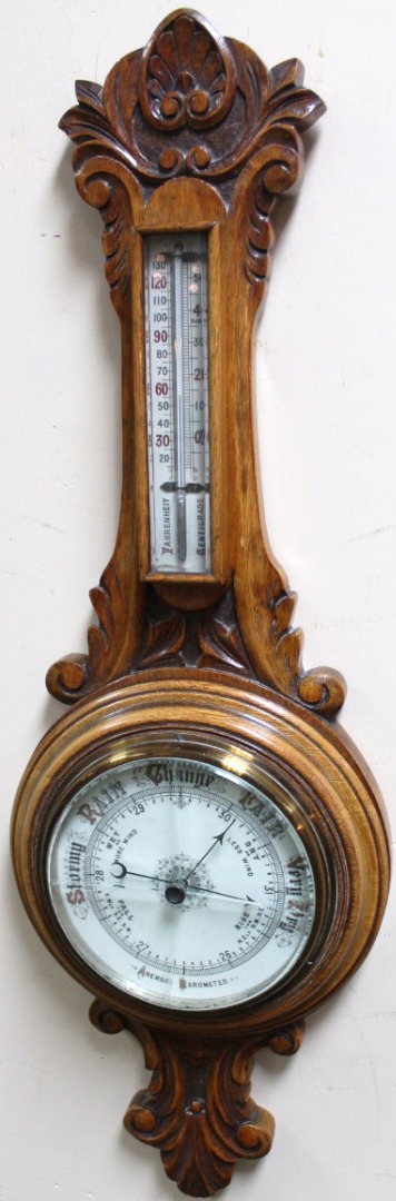 Appraisal: An Edwardian banjo barometer and thermometer the cylindrical cm dia