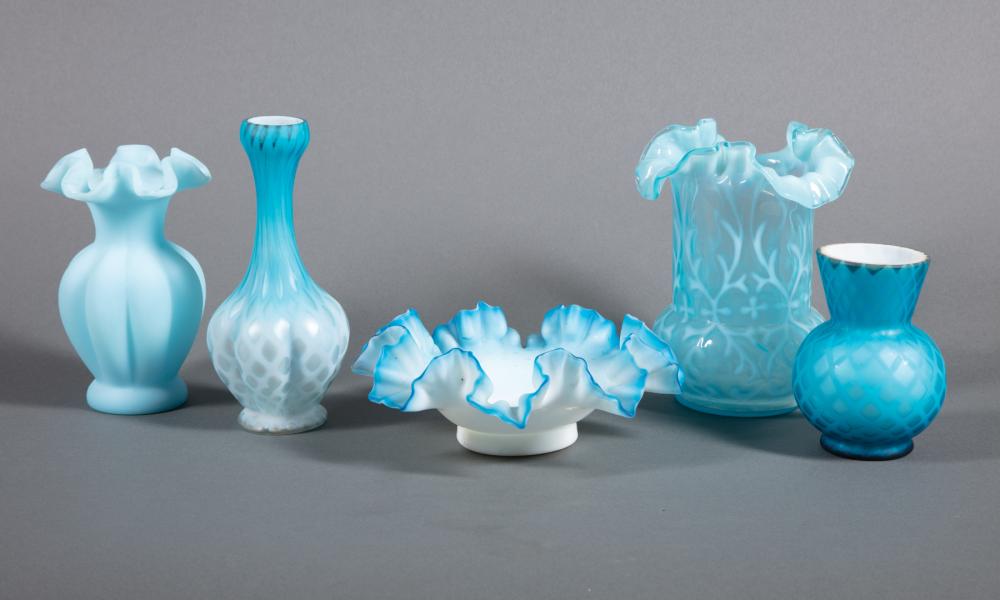 Appraisal: Group of Blue Satin Art Glass Table Objects incl vases