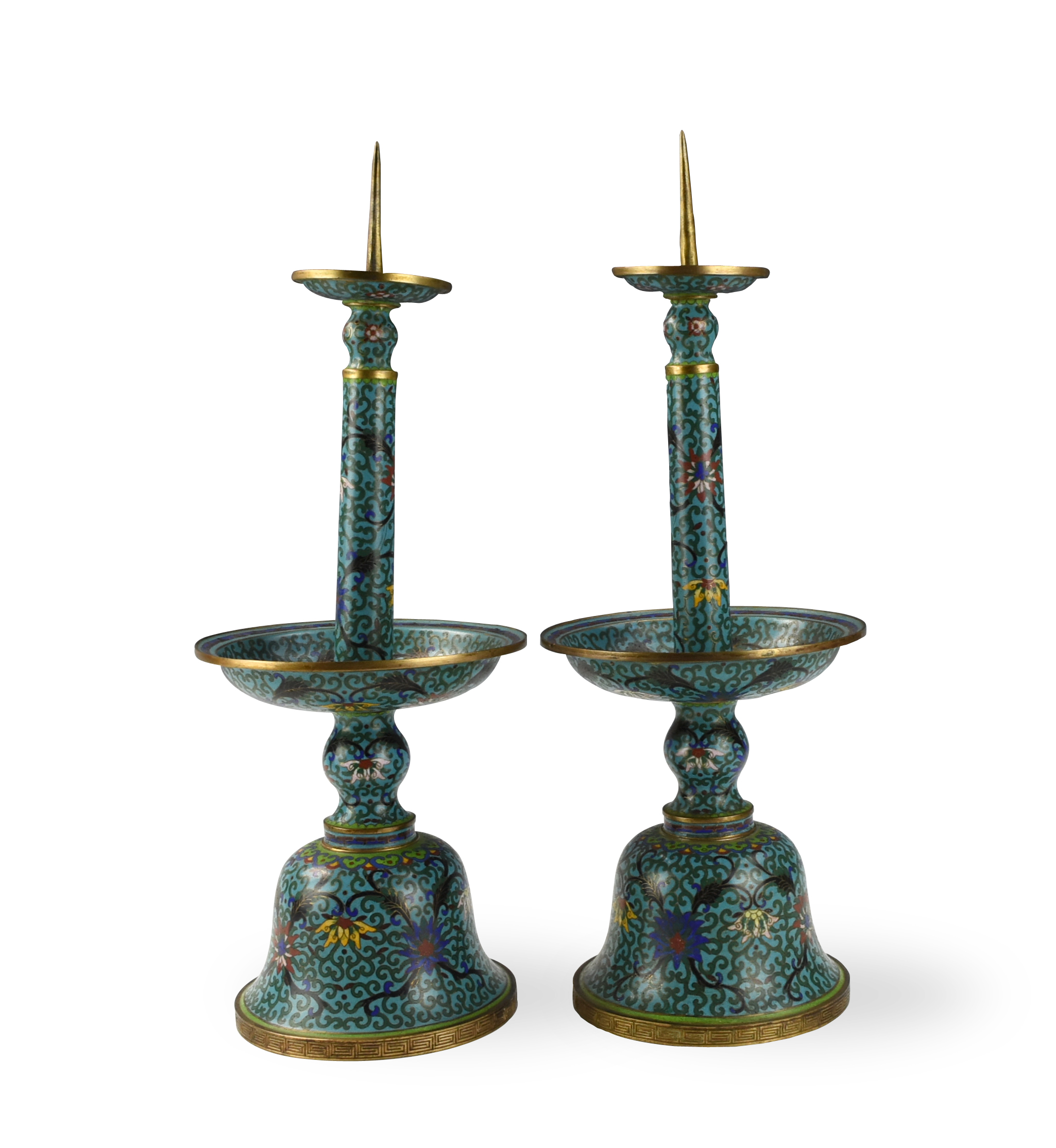 Appraisal: PAIR OF CHINESE CLOISONNE CANDLE STANDS TH C Chinese th