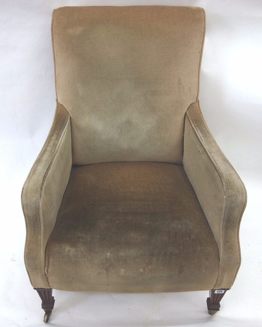 Appraisal: An Edwardian mahogany frame upholstered armchair on square tapered legs