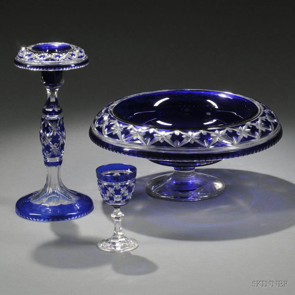 Appraisal: Fifteen Pieces of Cut Blue Overlay Glass Bohemia th century