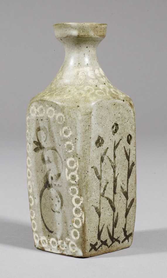 Appraisal: A GREY GLAZED TOKKURI WITH MISHIMA AND PAINTED FLORAL DESIGNS