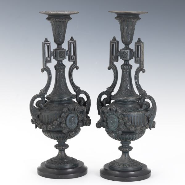 Appraisal: PAIR OF MANTEL URNS x Neoclassical style patinated metal rose