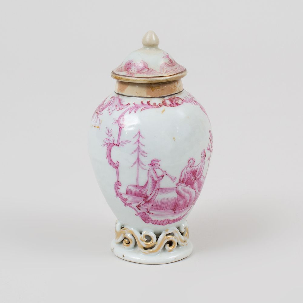 Appraisal: Chinese Export Puce Decorated Porcelain Tea Caddy and Cover Decorated