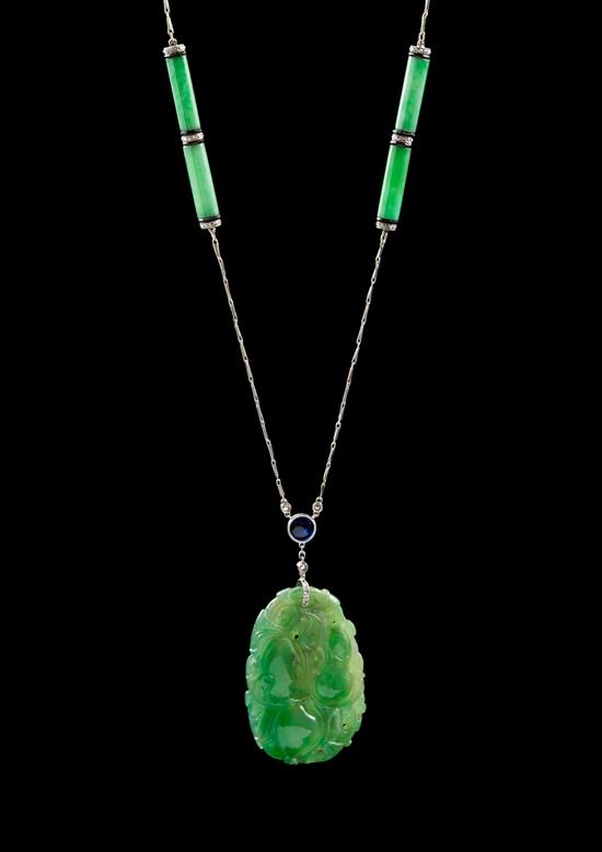 Appraisal: Sale Lot A Chinese Art Deco Jadeite Platinum Sapphire and