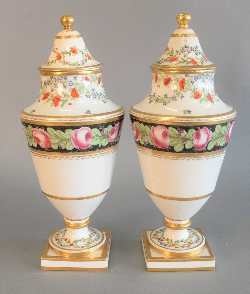 Appraisal: Pair of French Porcelain Urns each with cover and painted