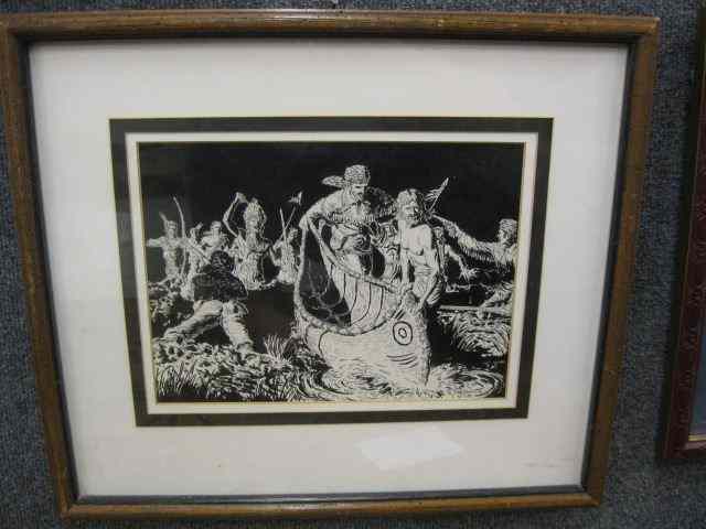 Appraisal: Joe Grandee Ink Indian attack finelydetailed well listed illustrator signed