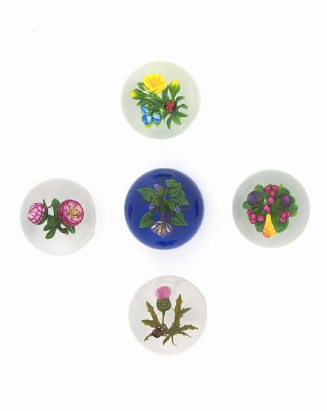 Appraisal: A group of five Ken Rosenfeld floral glass paperweights -