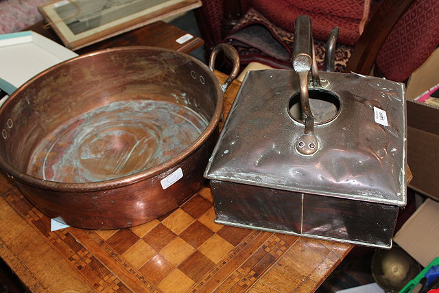 Appraisal: A VICTORIAN SQUARE KETTLE cm wide together with a copper