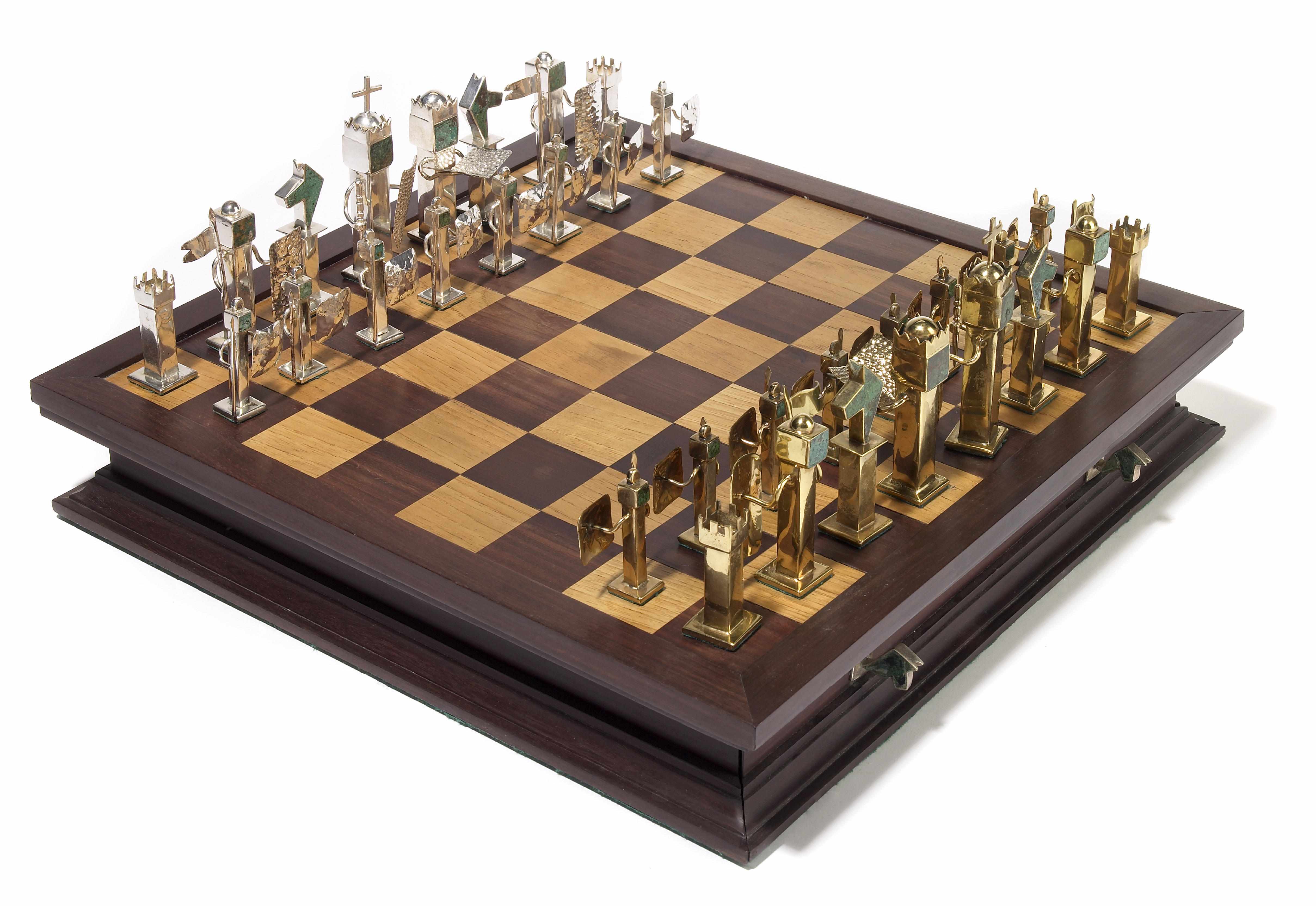 Appraisal: A Los Castillo silvered metal brass and hardstone chess set