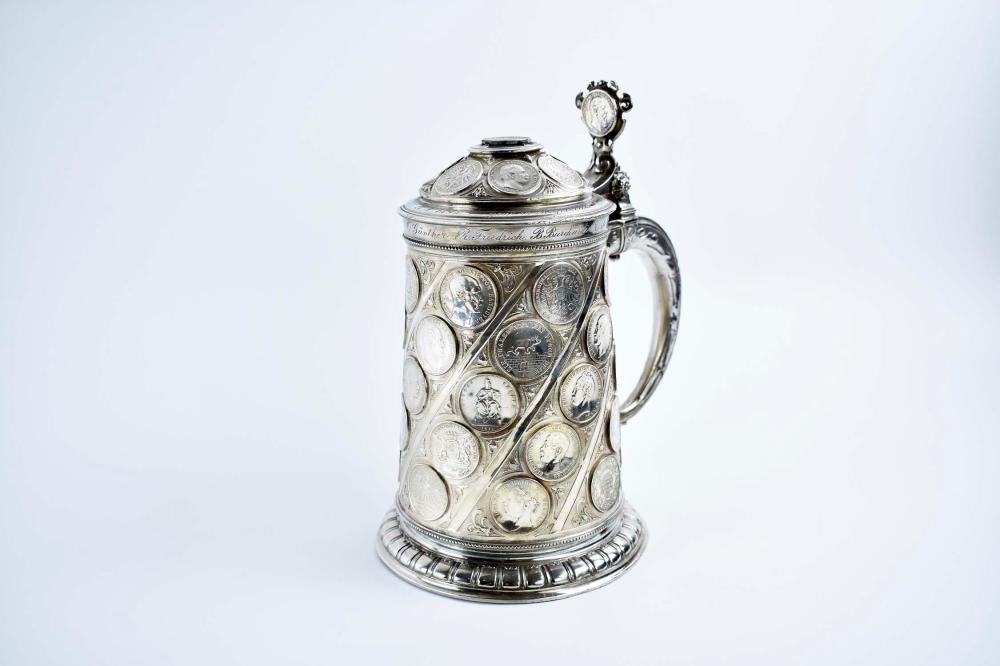 Appraisal: CONTINENTAL COIN-INSET SILVER PLATE TANKARDLate th Century The cylindrical vessel