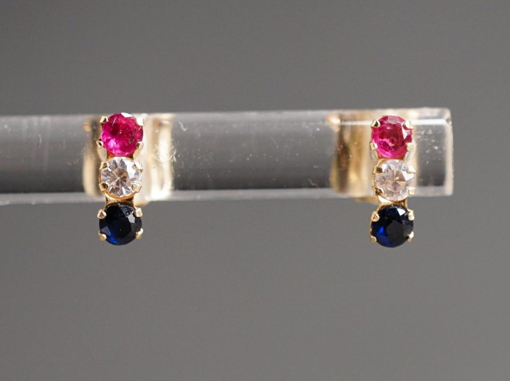 Appraisal: Pair of -Karat Yellow-Gold Ruby Blue and White Sapphire Pierced