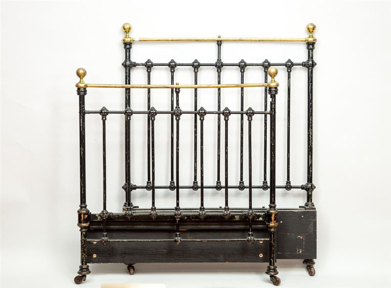 Appraisal: Brass and Black Painted Headboard and Footboard Lacking bed rails